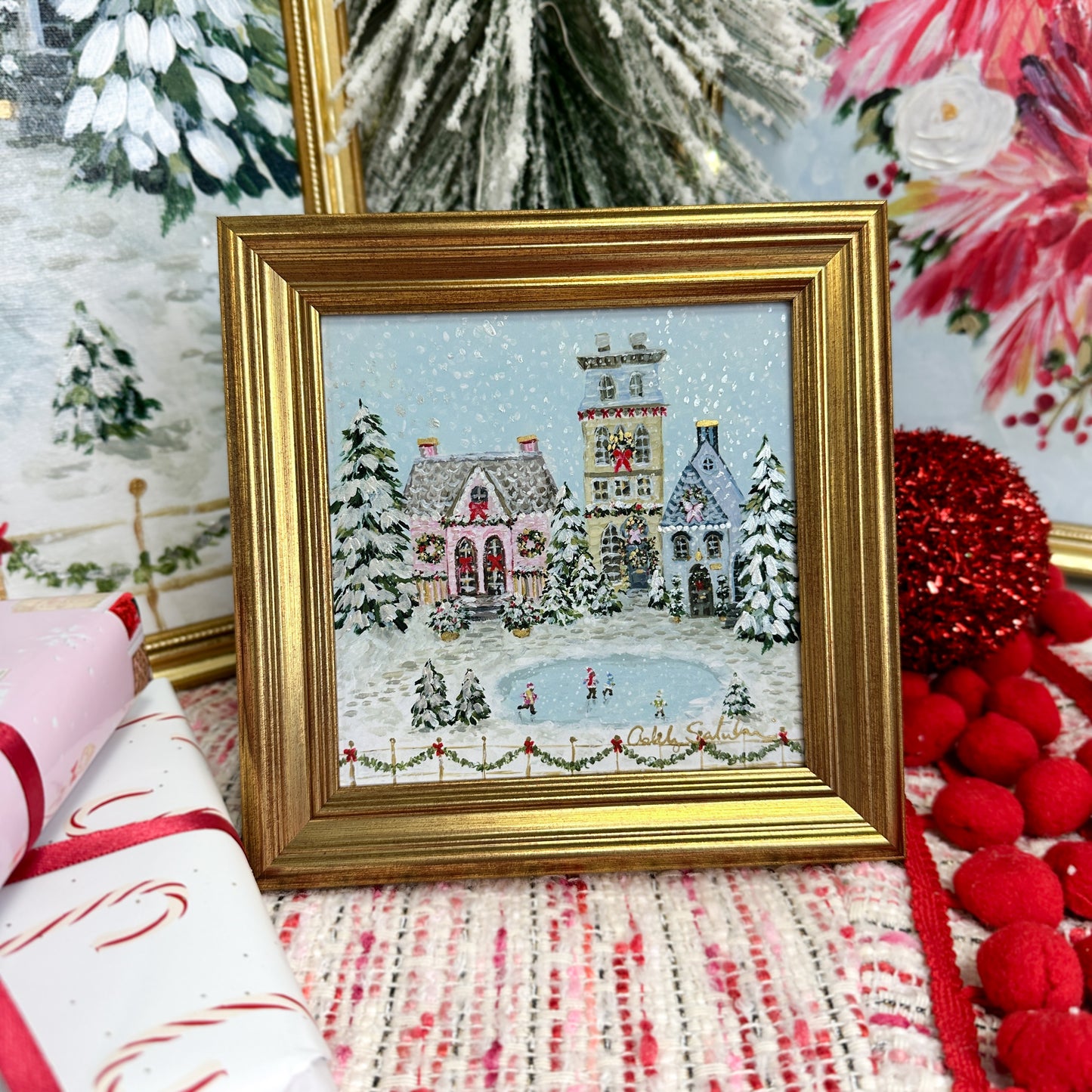 "Snowflake Village" Hand-Embellished Framed Canvas Print