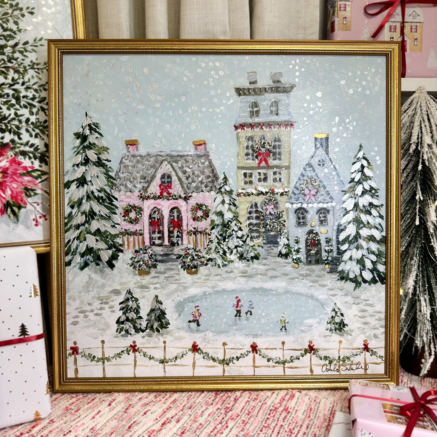 "Snowflake Village" Hand-Embellished Framed Canvas Print