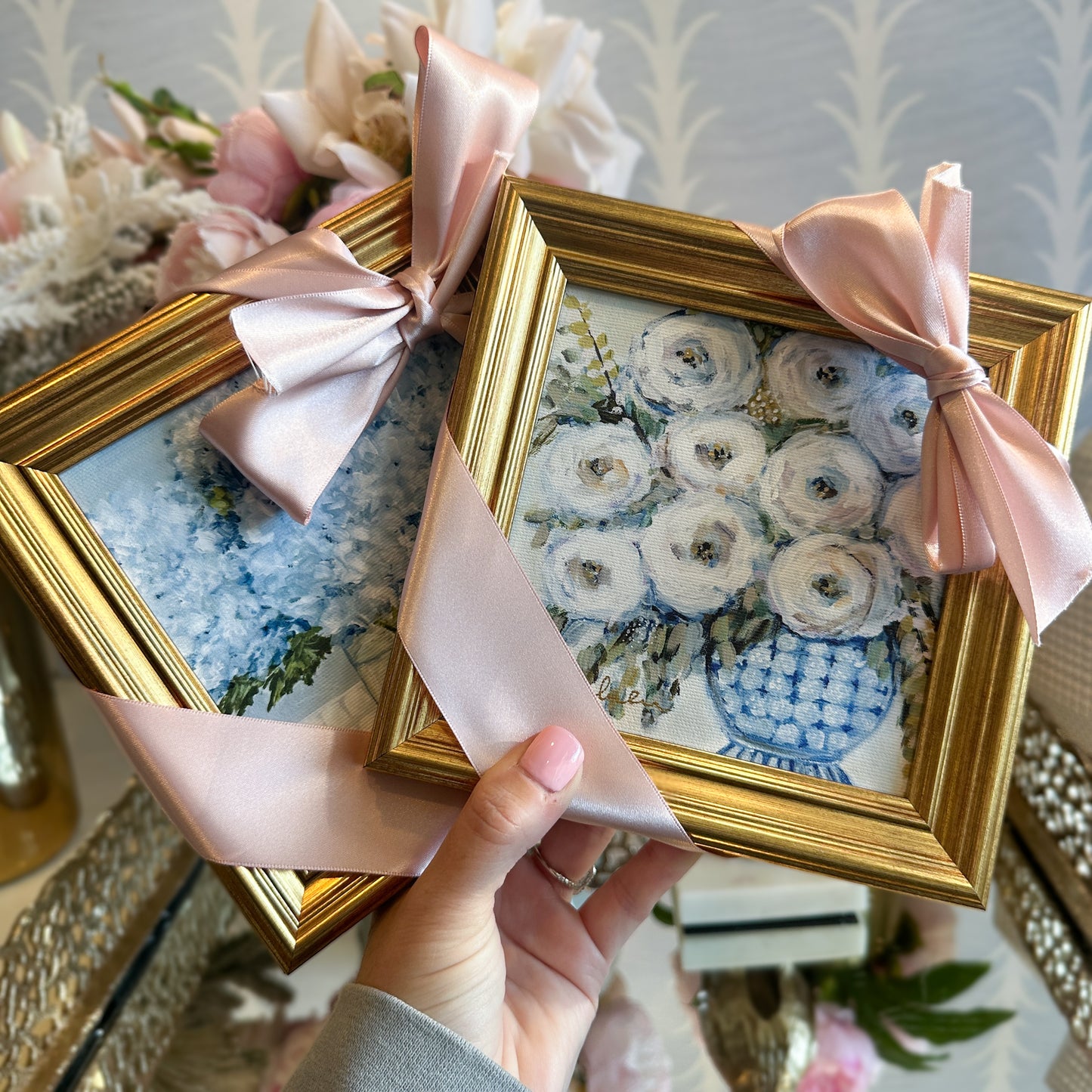 “French Blue Florals” - Set of 2 Framed Canvas Prints