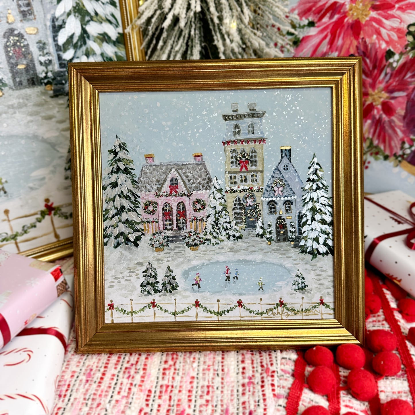 "Snowflake Village" Hand-Embellished Framed Canvas Print