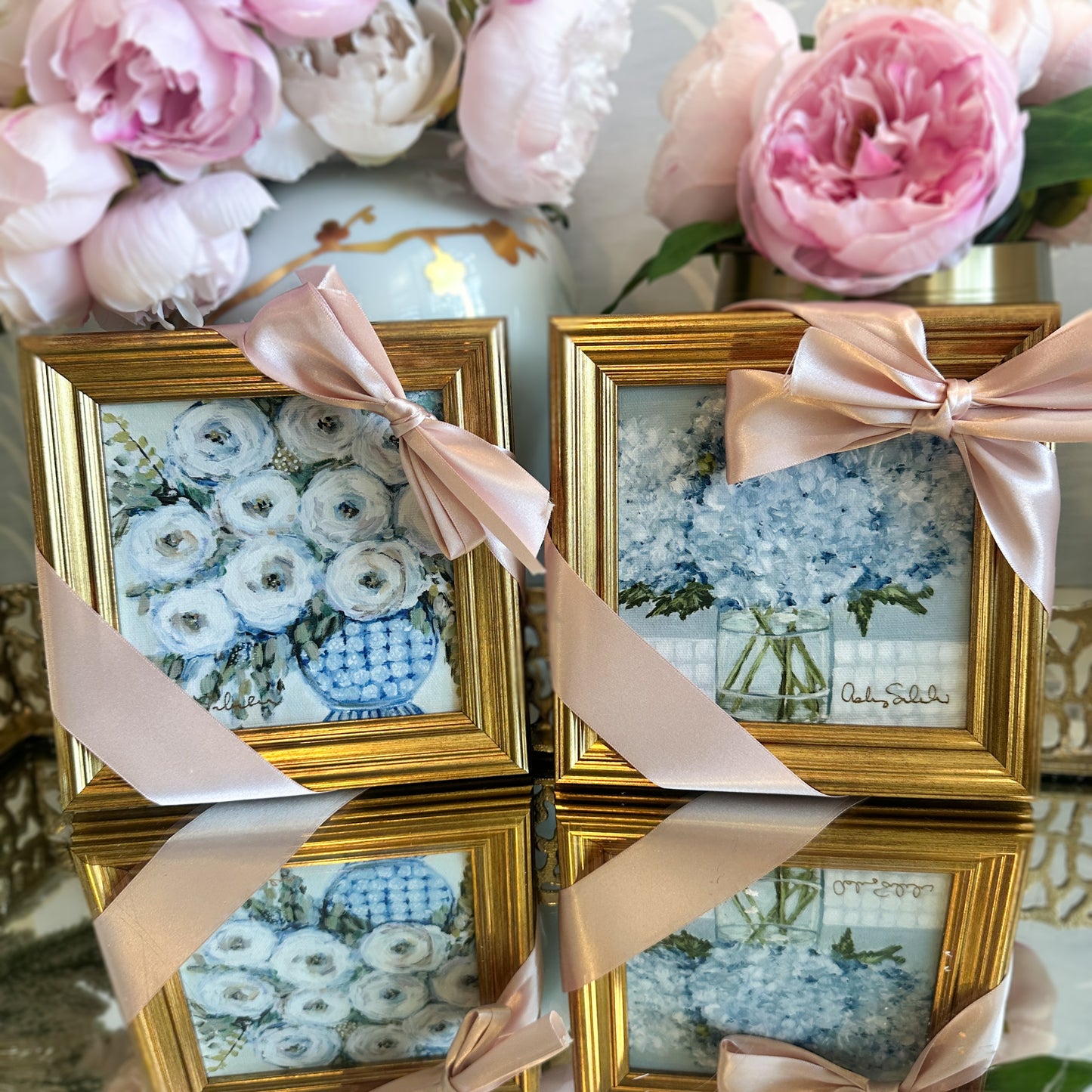 “French Blue Florals” - Set of 2 Framed Canvas Prints