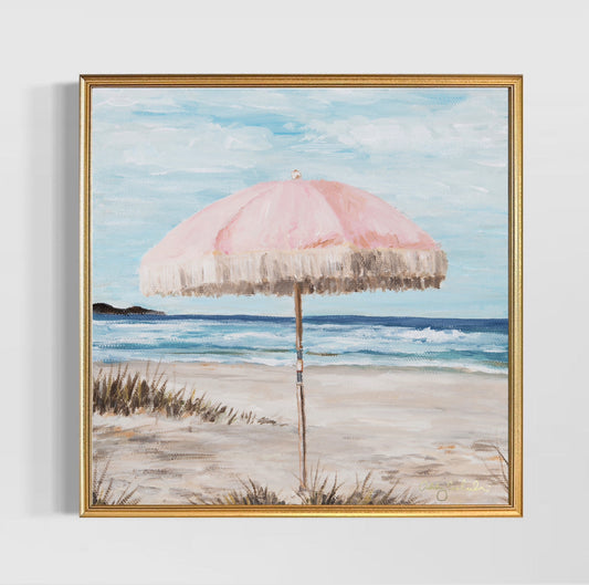 “Pretty Pink Umbrella” Hand-Embellished Framed Canvas Print