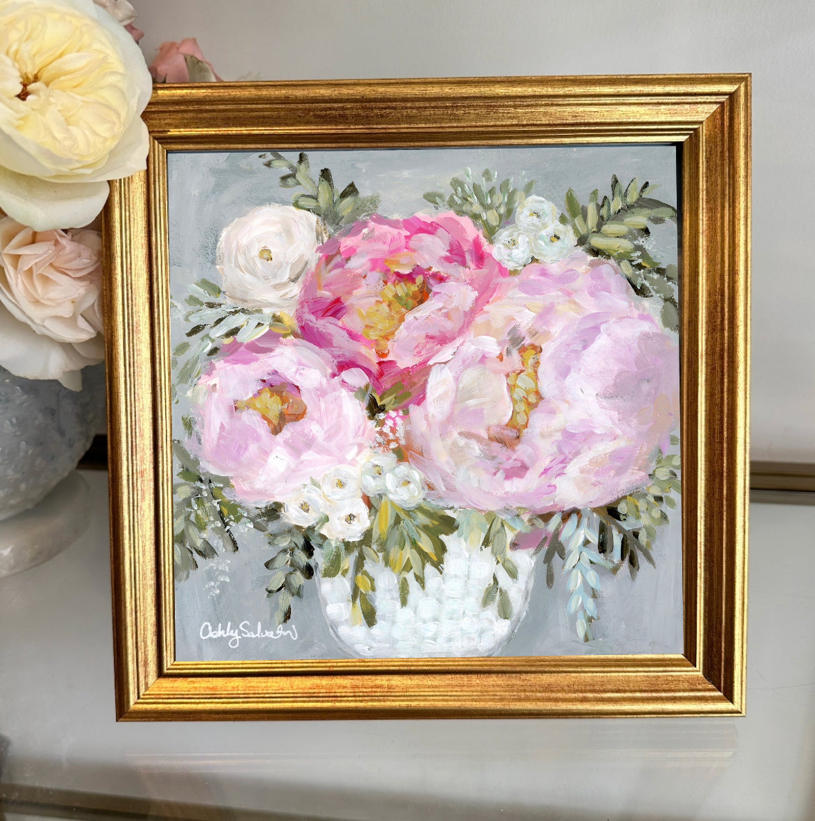 “Blushing Beauty” Hand-Embellished Framed Canvas Print