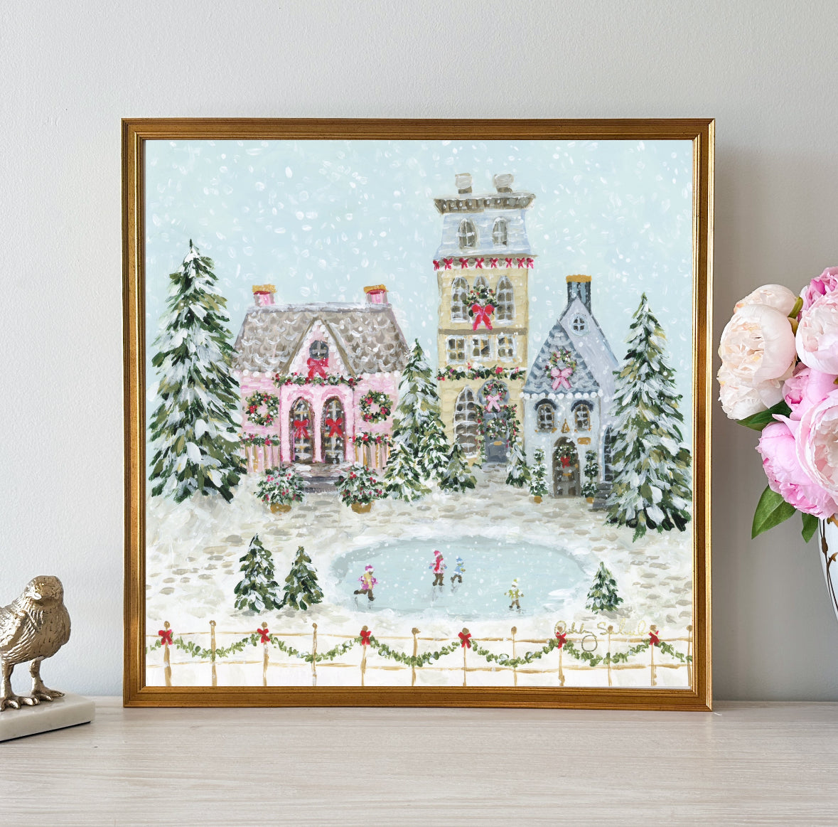 “Snowflake Village" 24x24 Framed Canvas Print