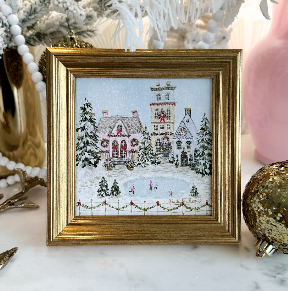 "Snowflake Village" Framed Canvas Print