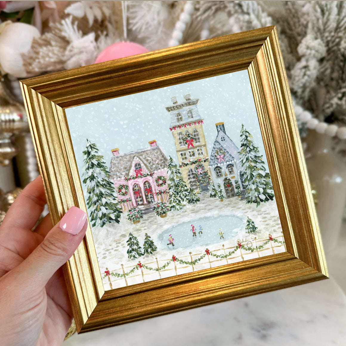 "Snowflake Village" Framed Canvas Print