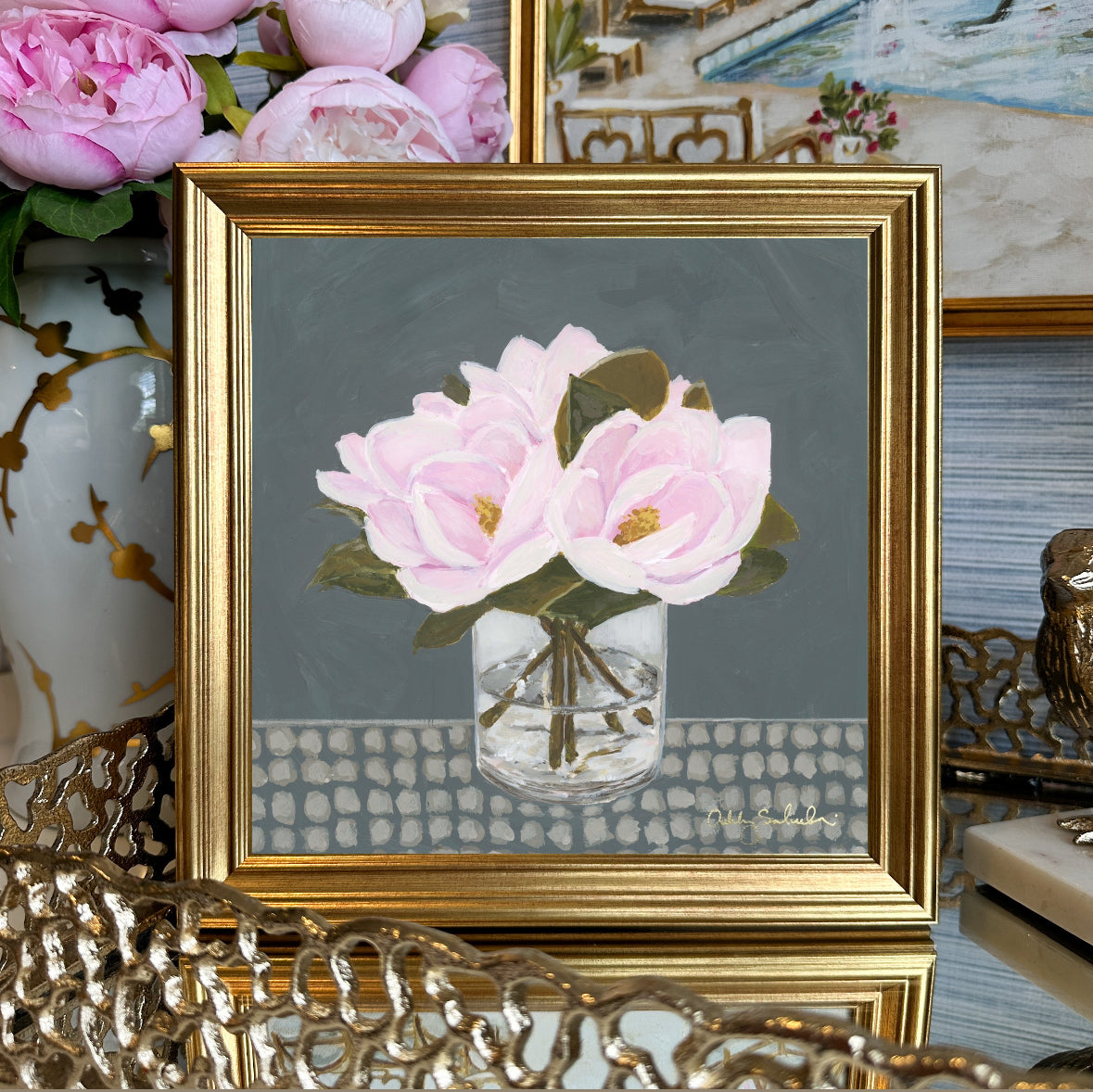 “Pink Magnolias" Framed Canvas Print