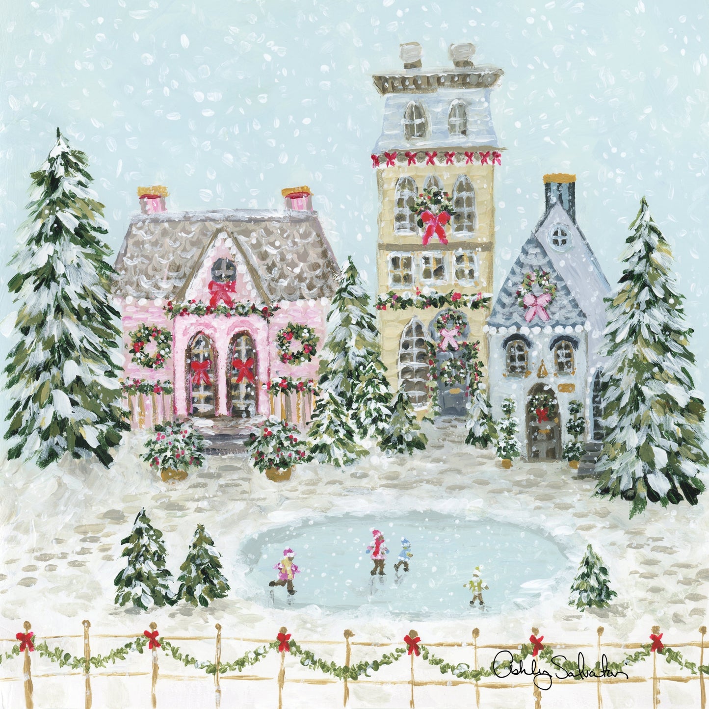 "Snowflake Village" Hand-Embellished Framed Canvas Print